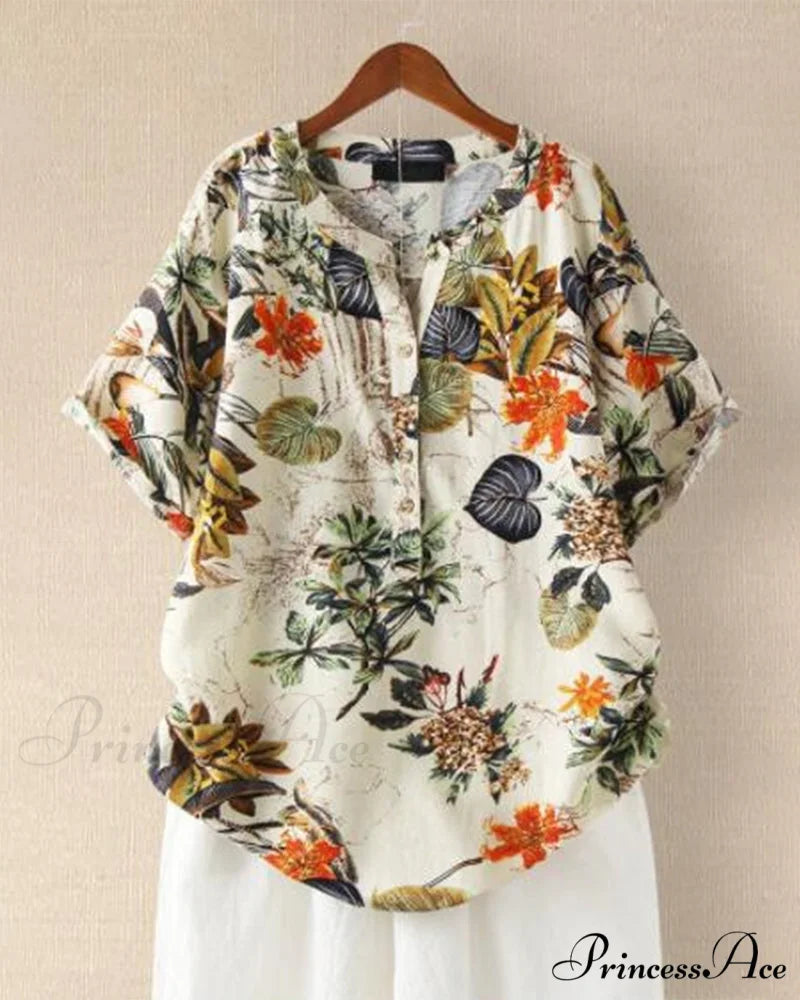 V-neck Patterned T-shirt Khaki / S