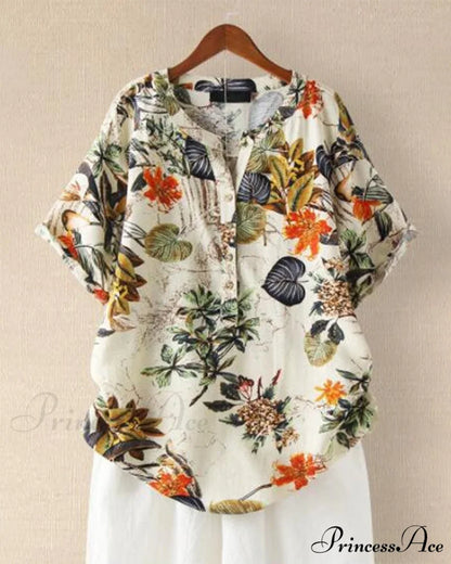 V-neck Patterned T-shirt Khaki / S