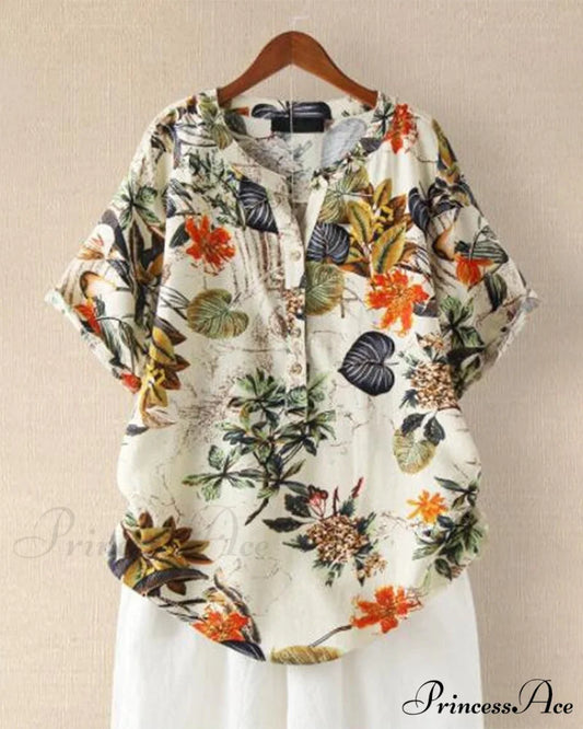 V-neck Patterned T-shirt Khaki / S