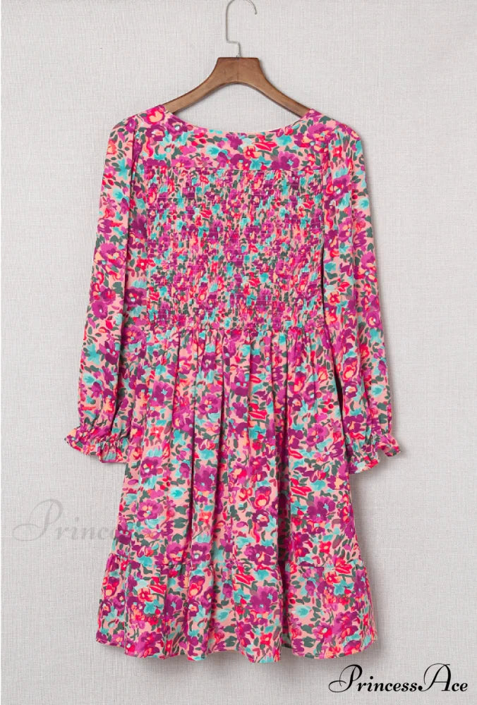 V Neck Pleated Waist Slim Long Sleeve Floral Dress