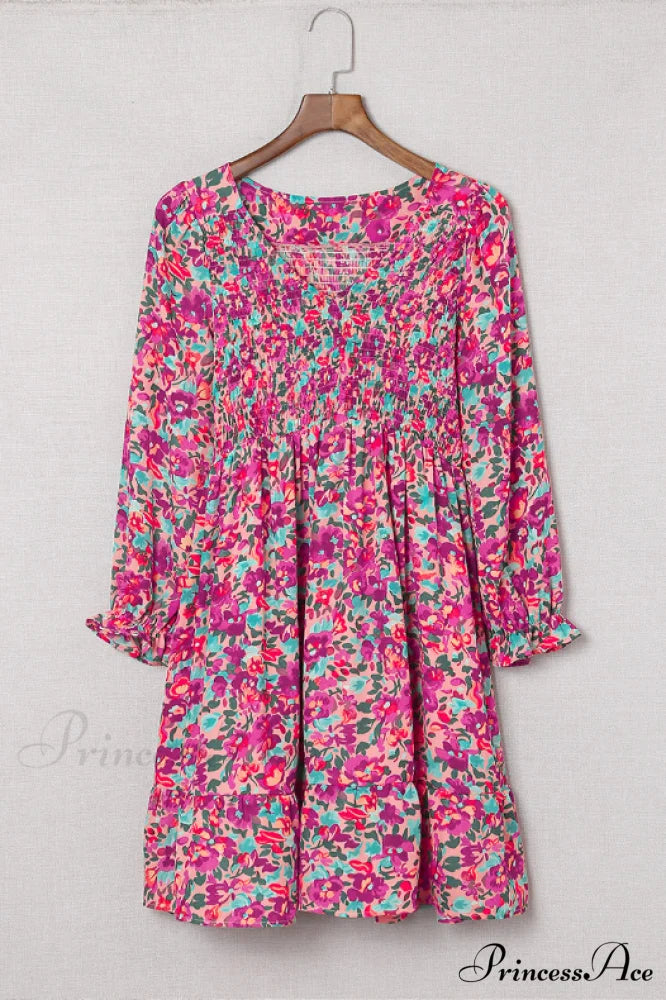 V Neck Pleated Waist Slim Long Sleeve Floral Dress