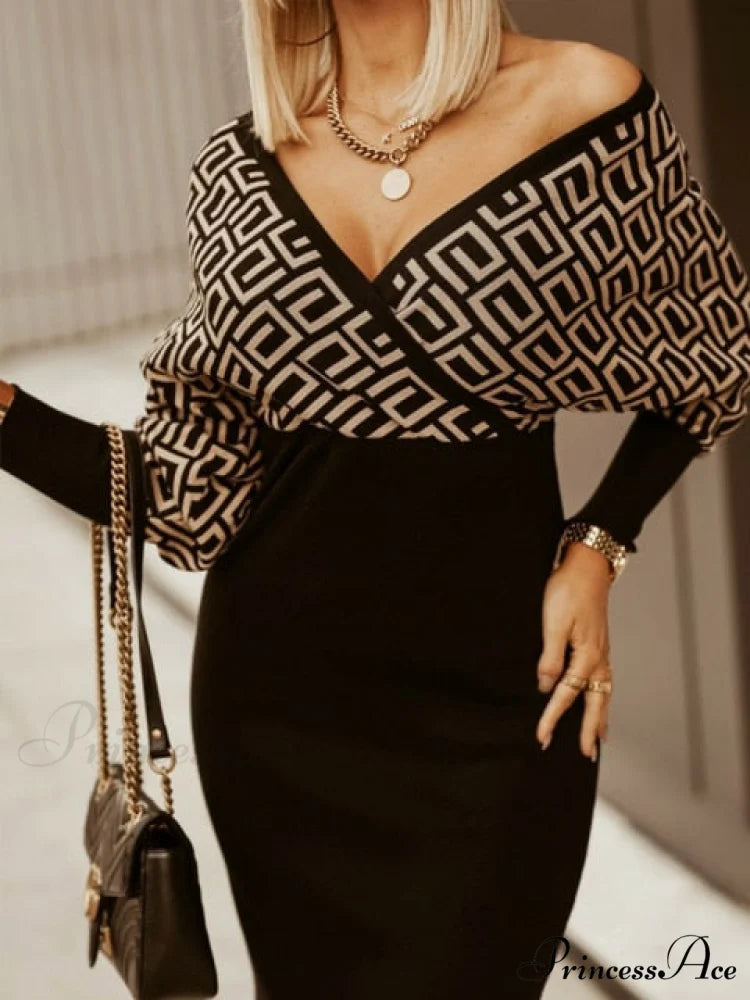V-Neck Print Batwing Sleeve Skinny Wrap Midi Dress brown / S