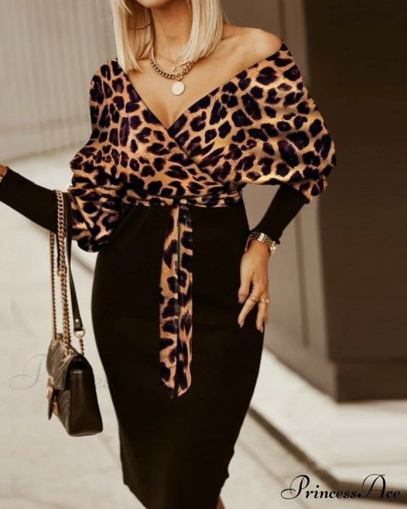 V-Neck Print Batwing Sleeve Skinny Wrap Midi Dress leopard / S