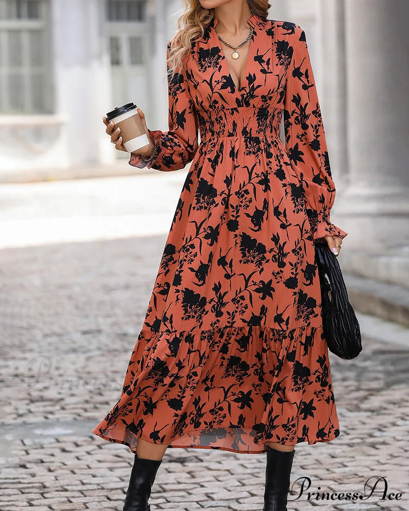 V Neck Printed A-Line Dress
