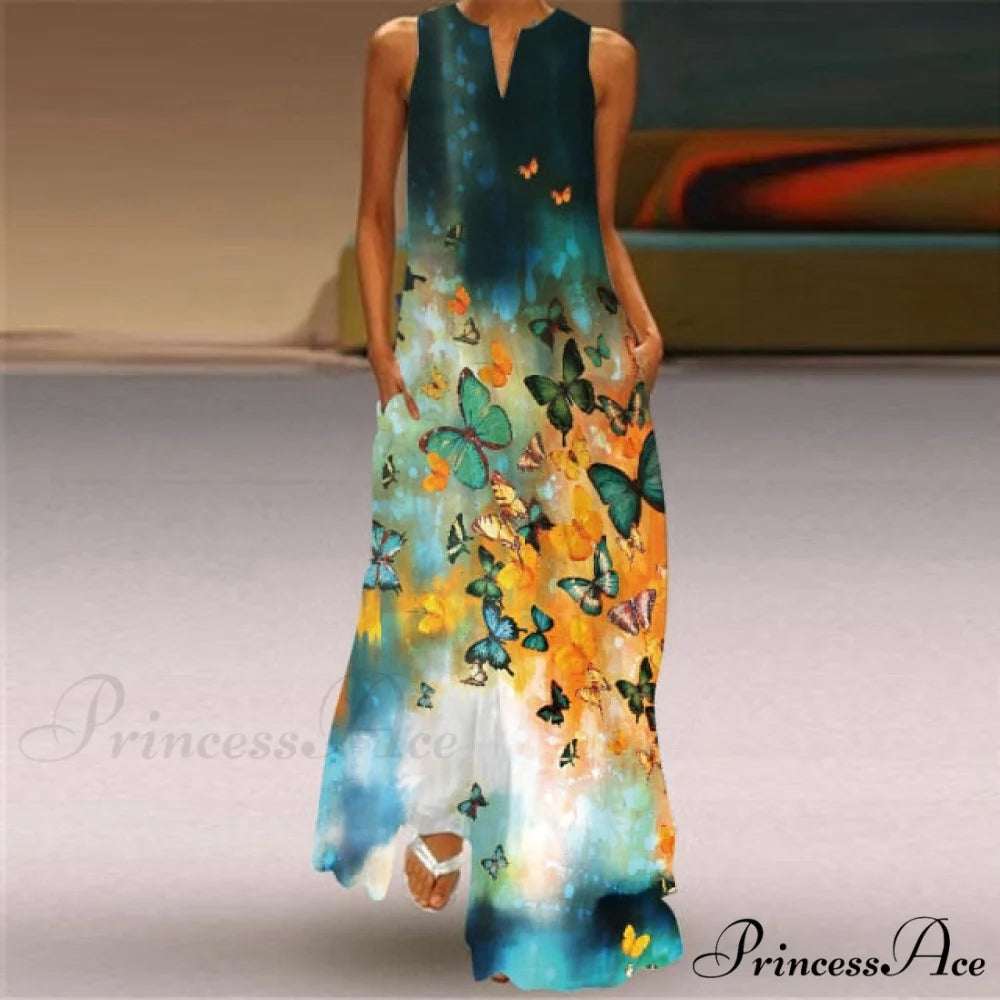 V-Neck Printed Emerald Flower Dress