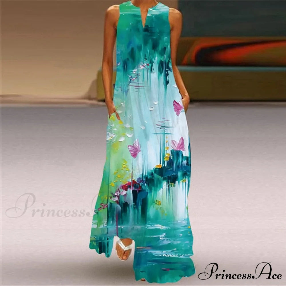 V-Neck Printed Emerald Flower Dress cyan / XXXL