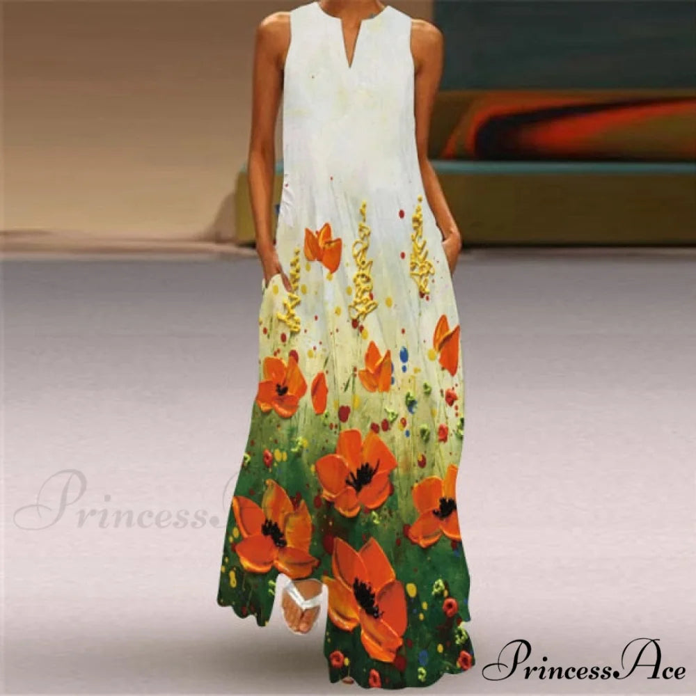 V-Neck Printed Emerald Flower Dress orange / S