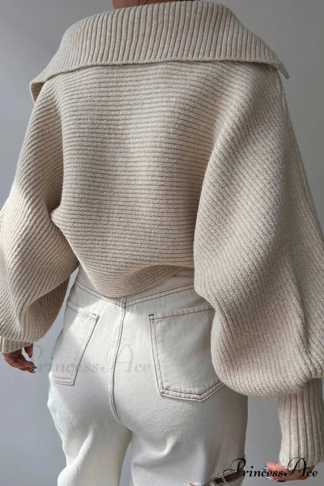 V Neck Puff Sleeve Sweater with Lapel Beige / L