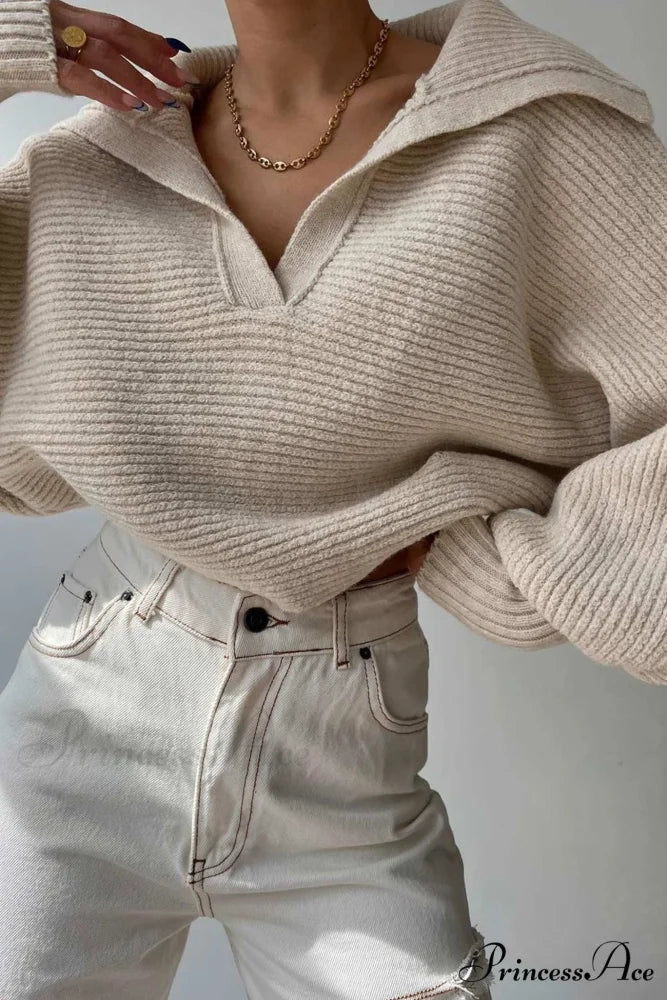 V Neck Puff Sleeve Sweater with Lapel Beige / M
