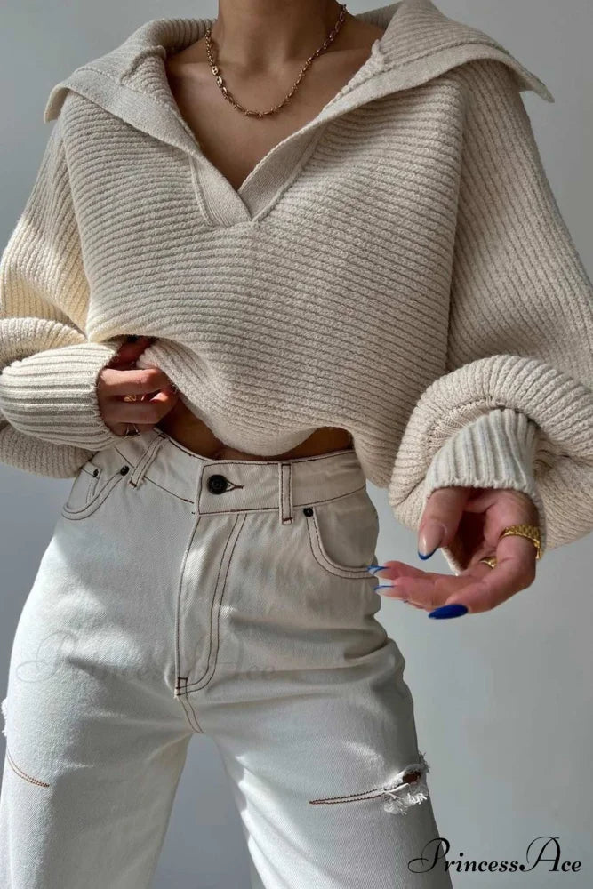 V Neck Puff Sleeve Sweater with Lapel Beige / S