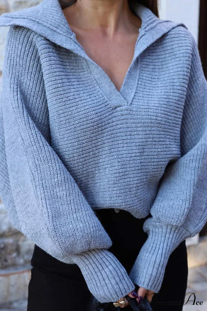 V Neck Puff Sleeve Sweater with Lapel Blue / L