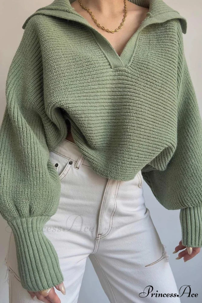 V Neck Puff Sleeve Sweater with Lapel Green / L
