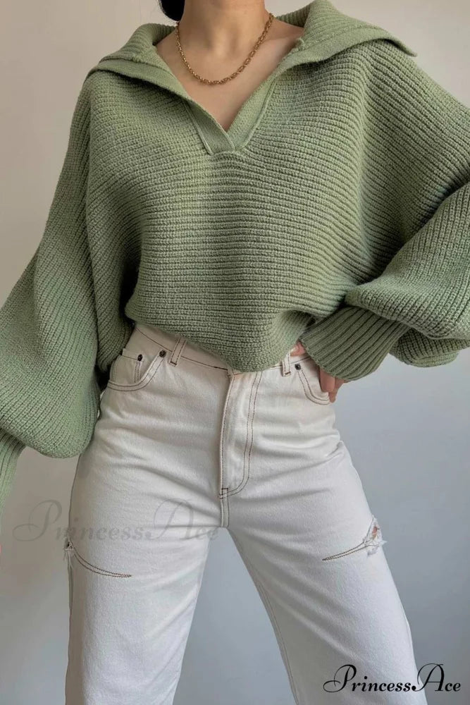 V Neck Puff Sleeve Sweater with Lapel Green / S