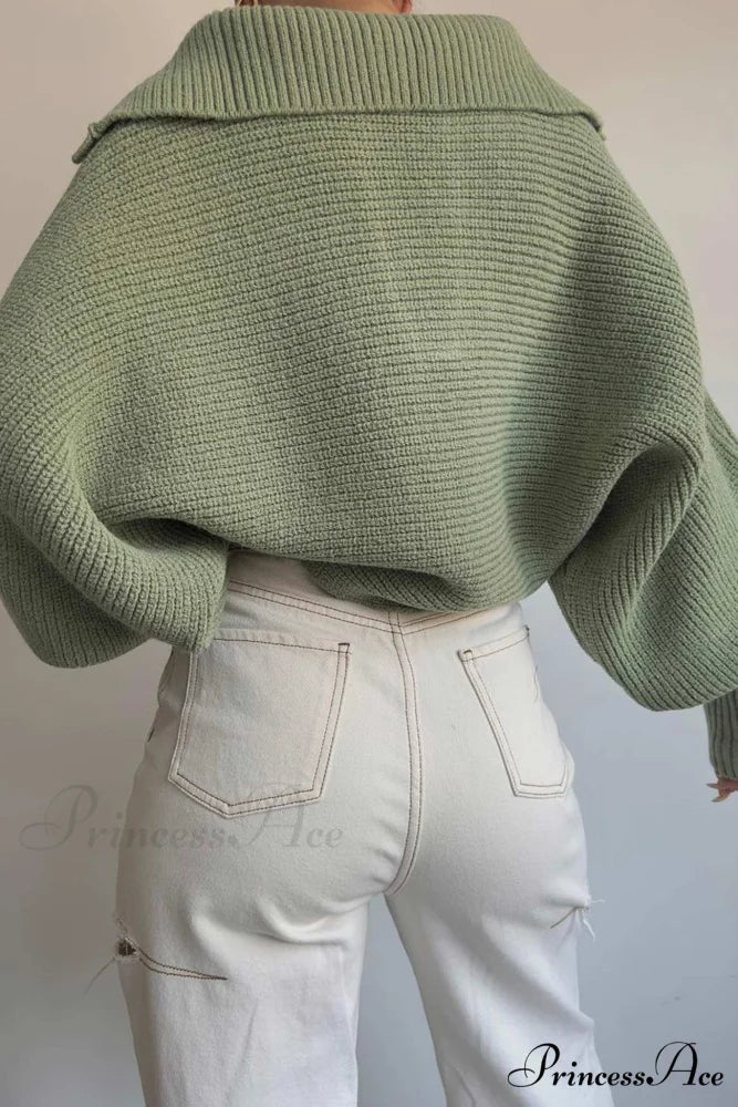 V Neck Puff Sleeve Sweater with Lapel Green / XL