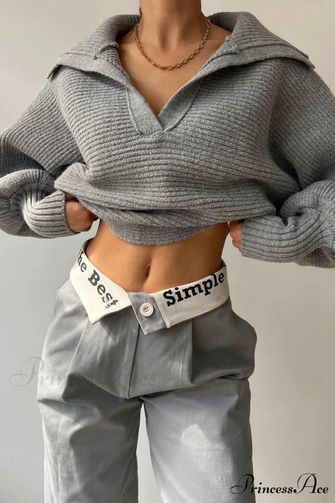 V Neck Puff Sleeve Sweater with Lapel Grey / L