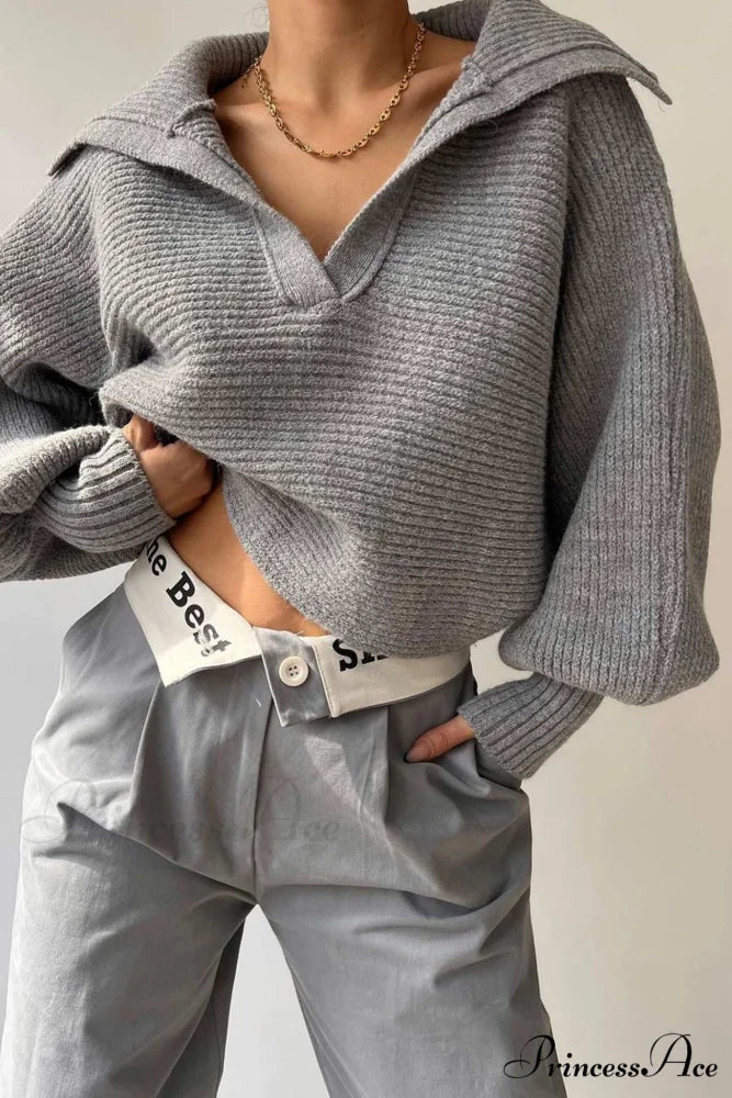 V Neck Puff Sleeve Sweater with Lapel Grey / S