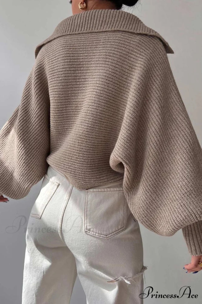V Neck Puff Sleeve Sweater with Lapel Khaki / L