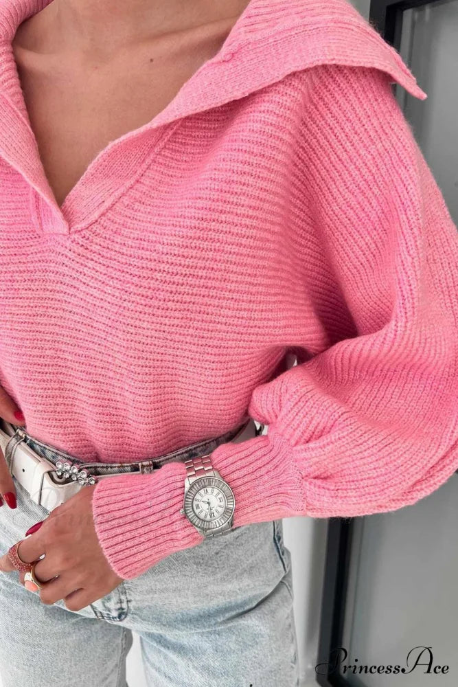 V Neck Puff Sleeve Sweater with Lapel Pink / L