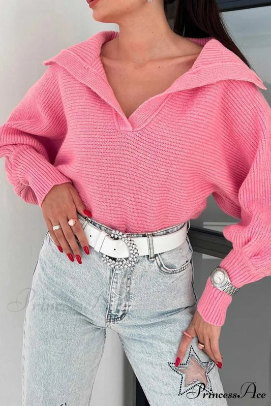 V Neck Puff Sleeve Sweater with Lapel Pink / M