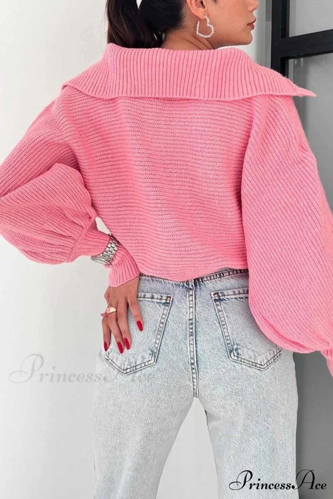 V Neck Puff Sleeve Sweater with Lapel Pink / XL