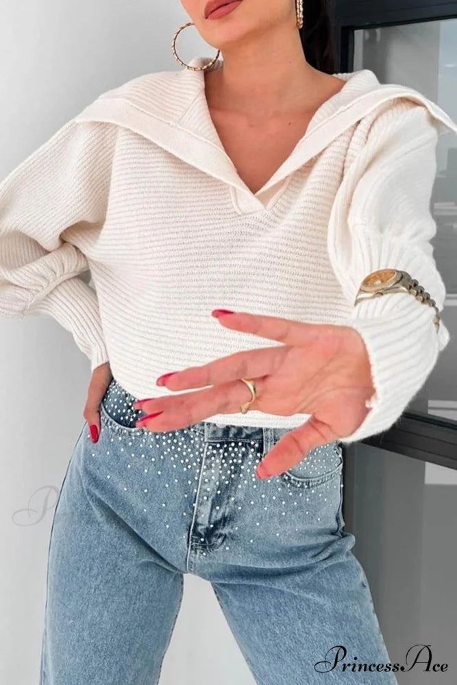 V Neck Puff Sleeve Sweater with Lapel White / M