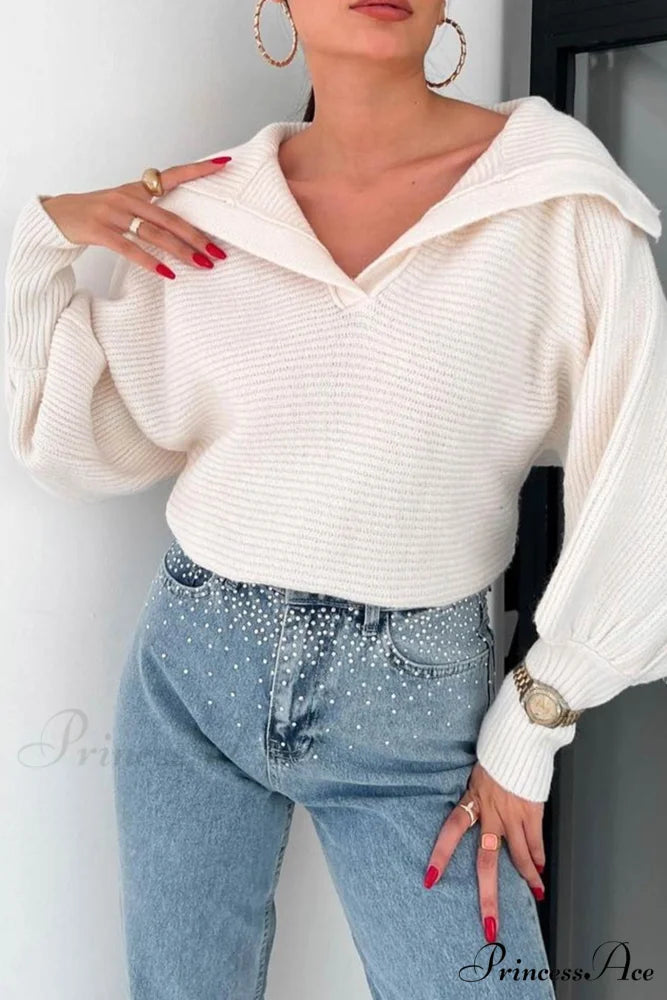 V Neck Puff Sleeve Sweater with Lapel White / S
