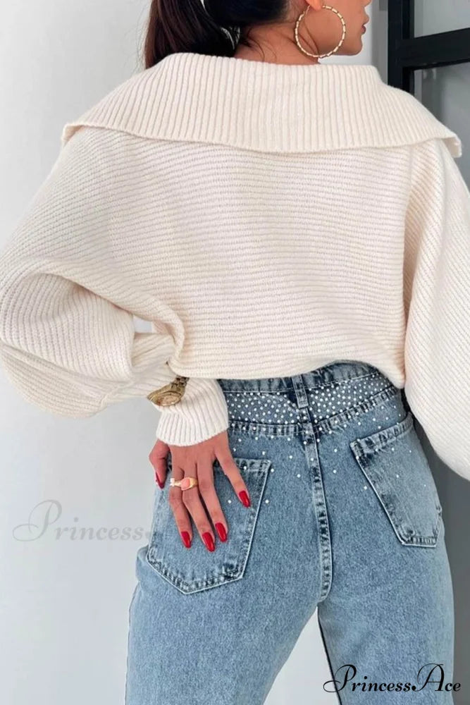 V Neck Puff Sleeve Sweater with Lapel White / XL