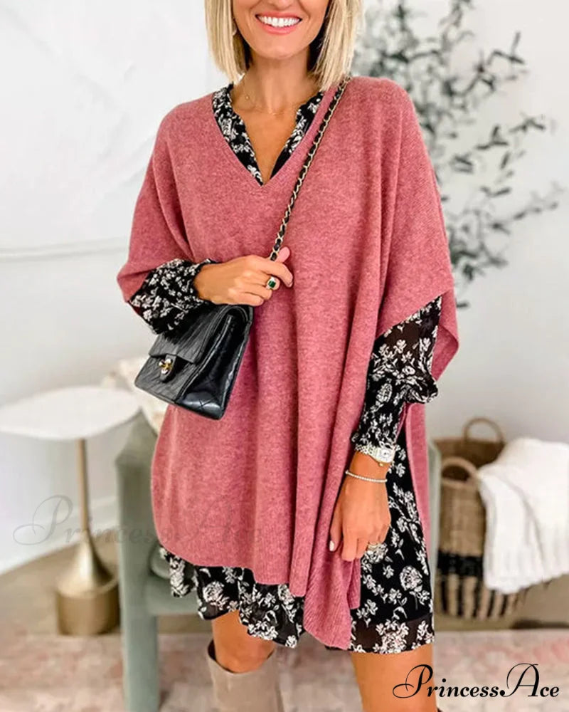 V-neck Pullover Sweater Pink / S