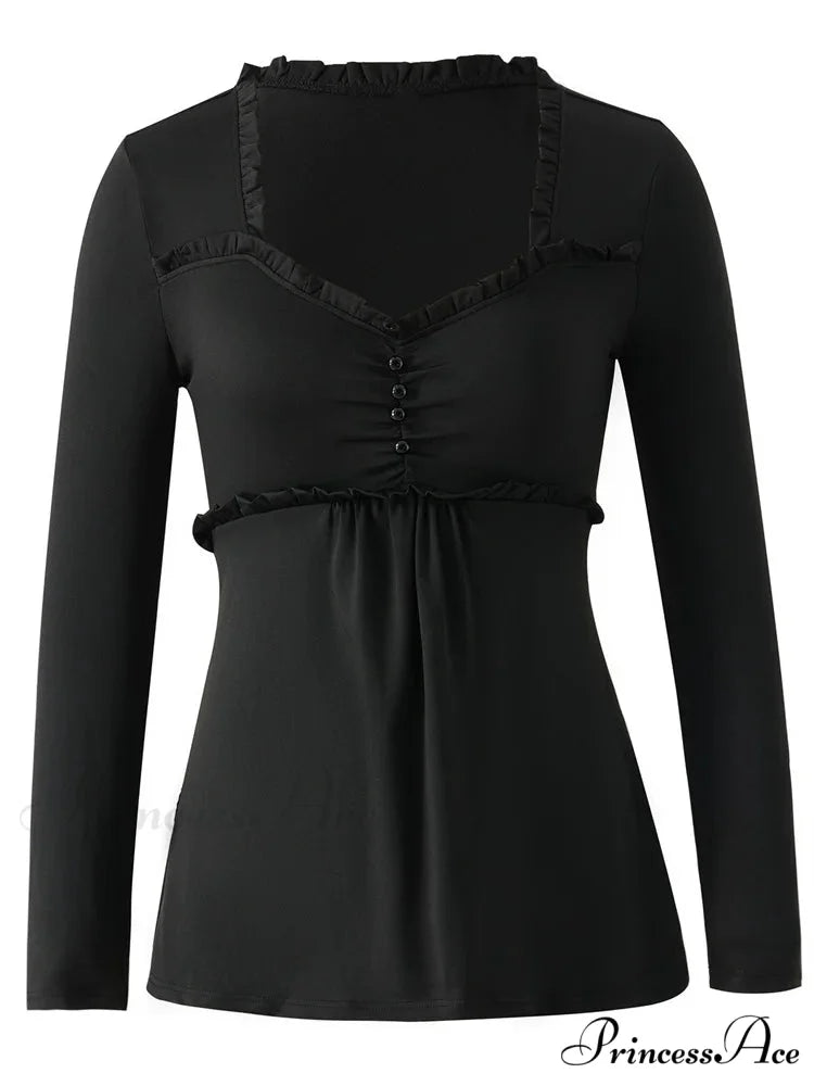 V-neck Ruched Solid Color Vintage Ruched Buttons T-Shirts