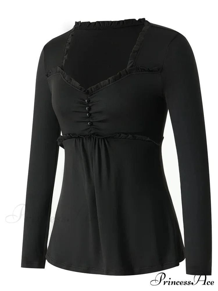 V-neck Ruched Solid Color Vintage Ruched Buttons T-Shirts