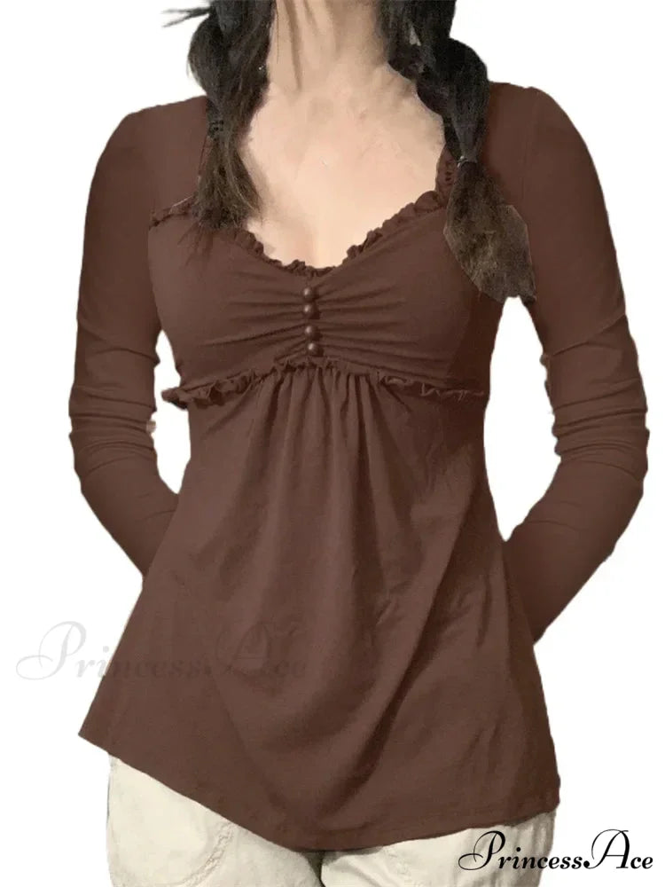 V-neck Ruched Solid Color Vintage Ruched Buttons T-Shirts BROWN / S