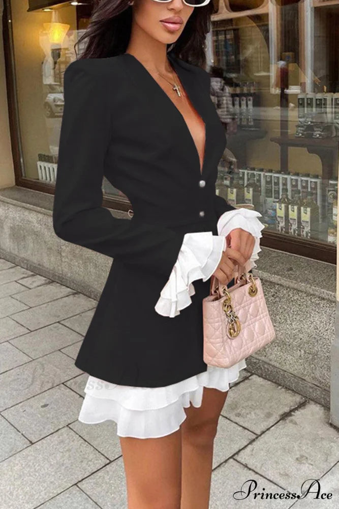 V Neck Ruffle Dress with Fake Two-Piece Design Black / S