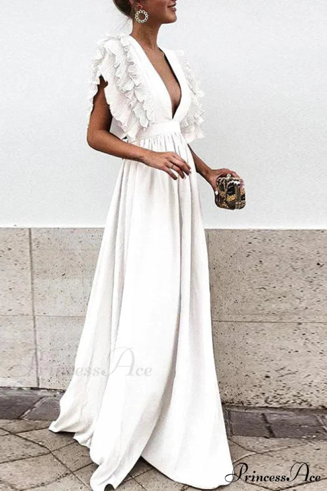 V Neck Ruffled High Waist Party Dress S / Gray