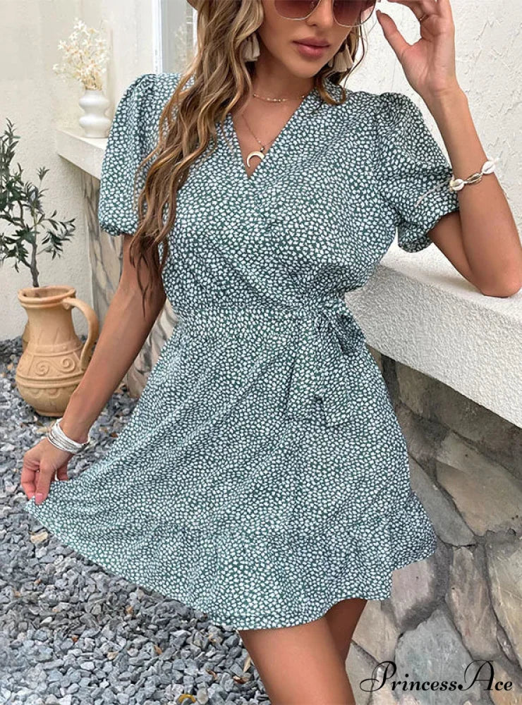 V-Neck Ruffled Lace-Up Dress with Print