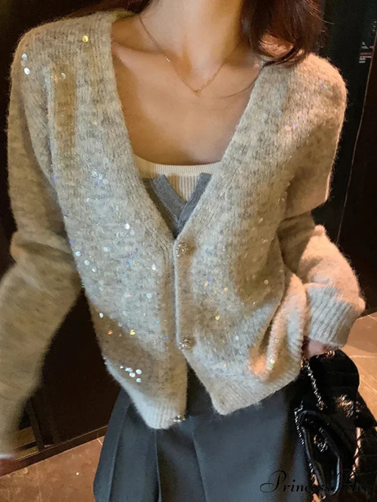 V-neck Sequin Sparkling Cardigan Gray / One Size