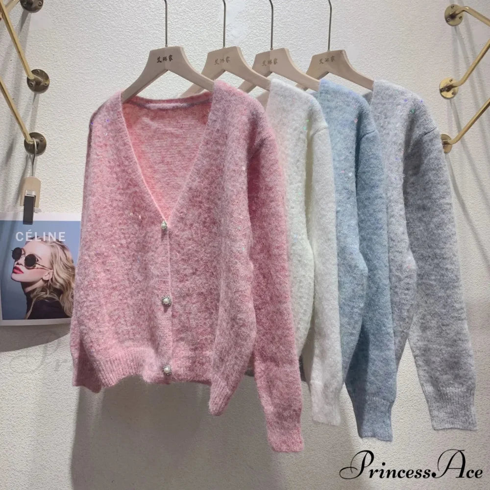 V-neck Sequin Sparkling Cardigan Pink / One Size