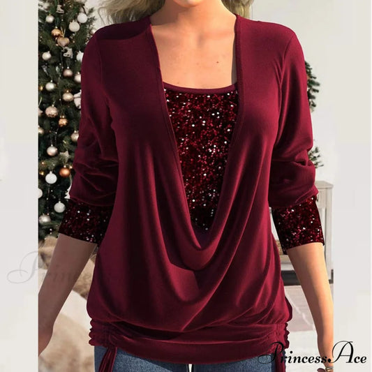 V Neck Sequins Stitching Solid Drawstring Pullover 01 Burgundy / 3XL
