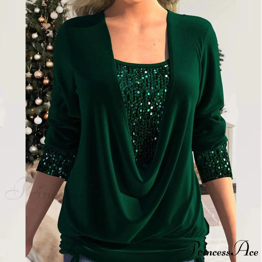V Neck Sequins Stitching Solid Drawstring Pullover 02 Dark Green / 3XL