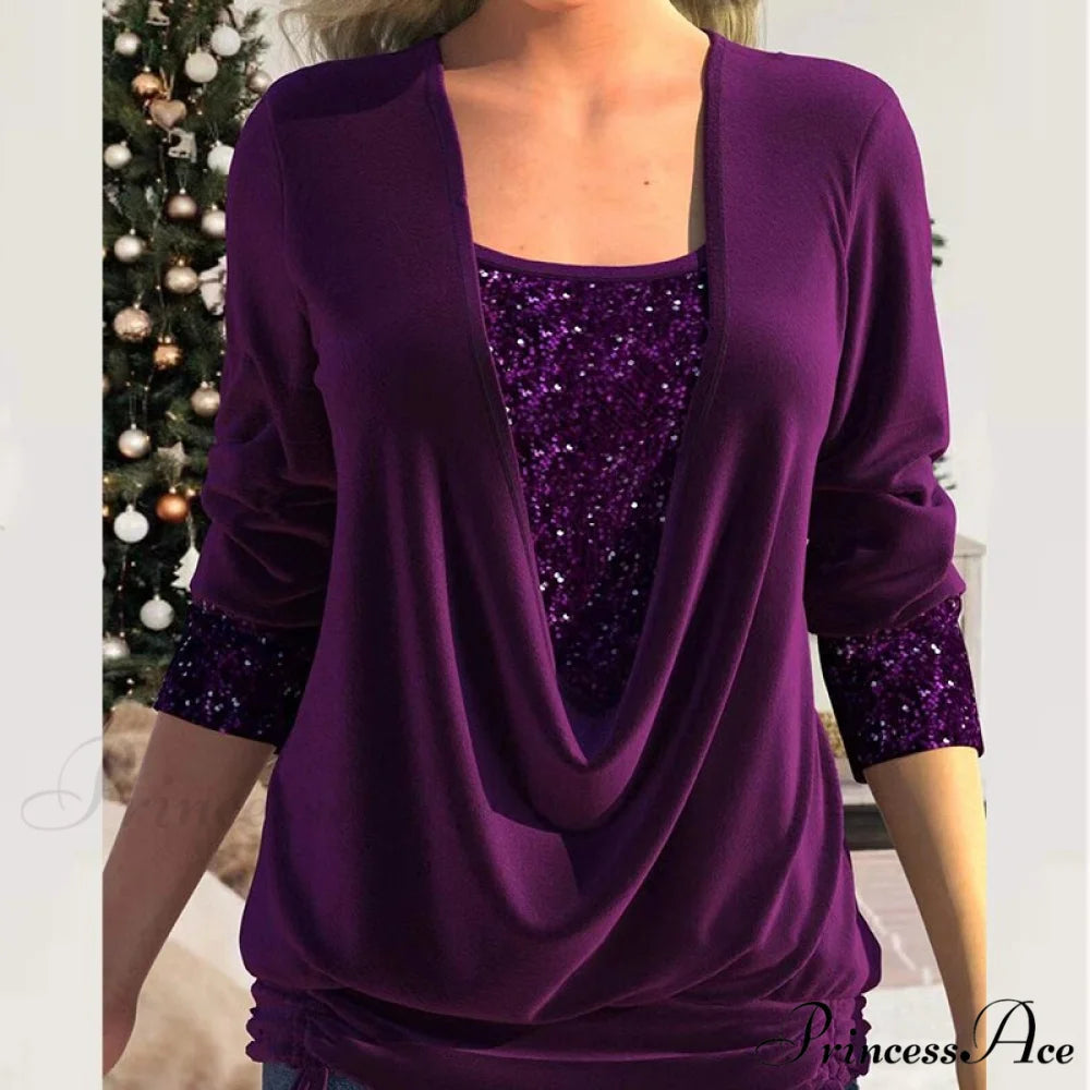 V Neck Sequins Stitching Solid Drawstring Pullover 03 Purple / 3XL