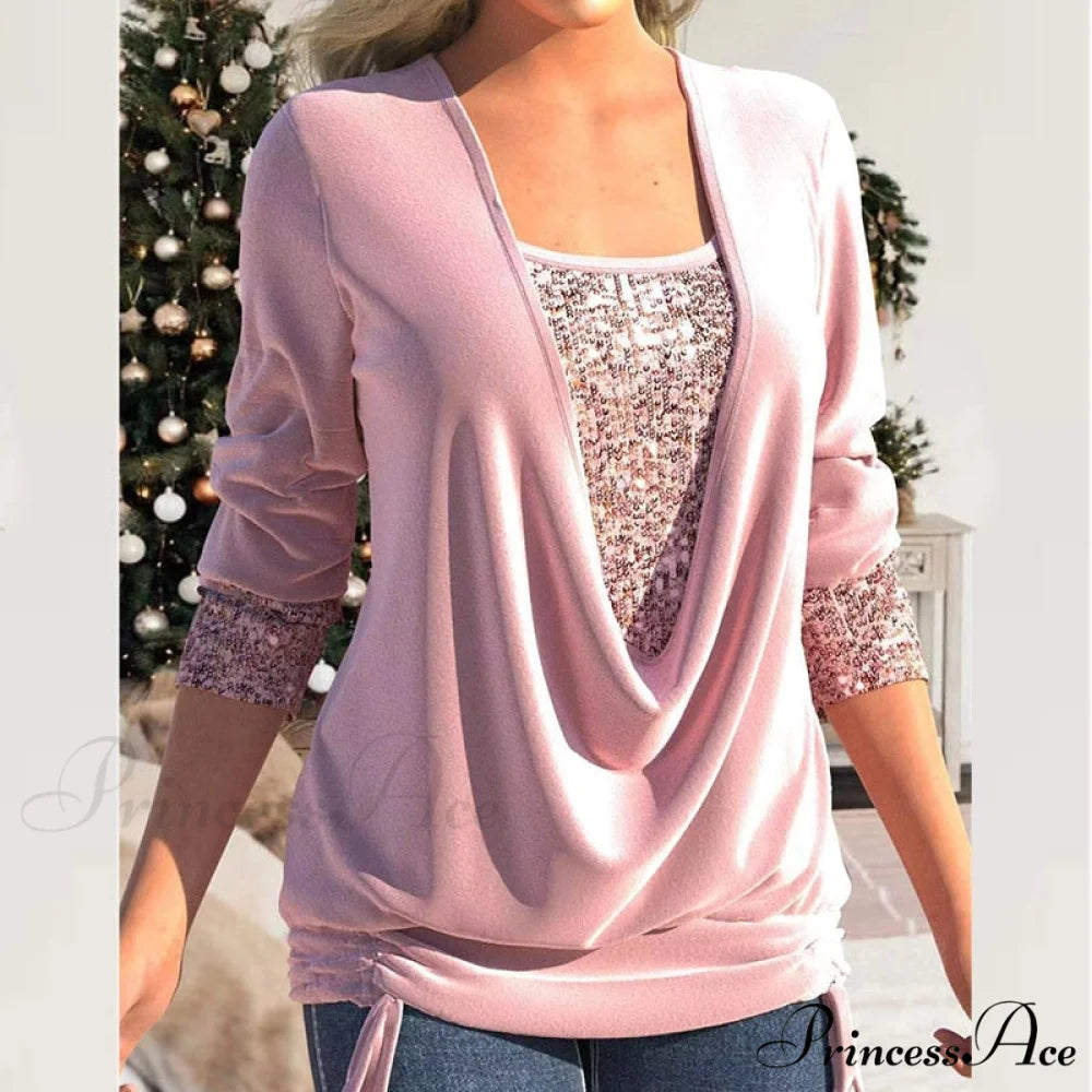 V Neck Sequins Stitching Solid Drawstring Pullover 04 Pink / 3XL