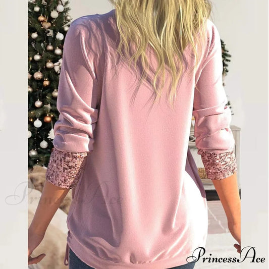 V Neck Sequins Stitching Solid Drawstring Pullover