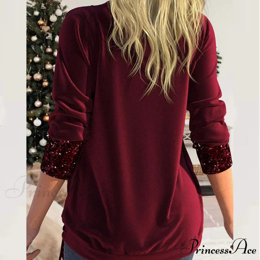 V Neck Sequins Stitching Solid Drawstring Pullover