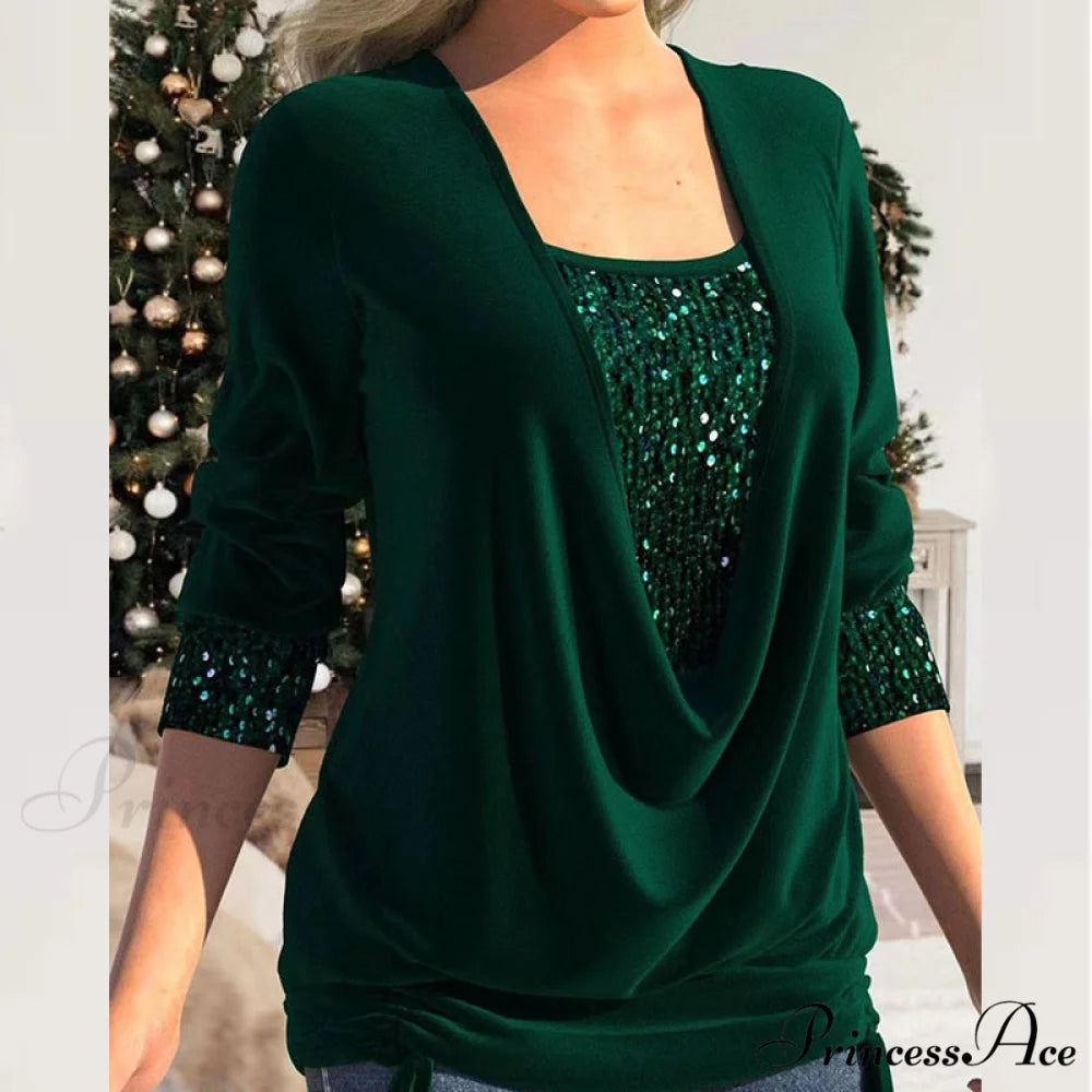 V Neck Sequins Stitching Solid Drawstring Pullover