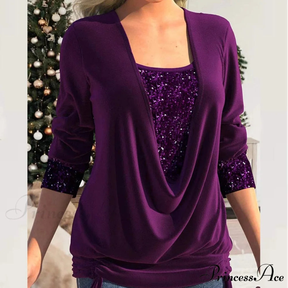 V Neck Sequins Stitching Solid Drawstring Pullover