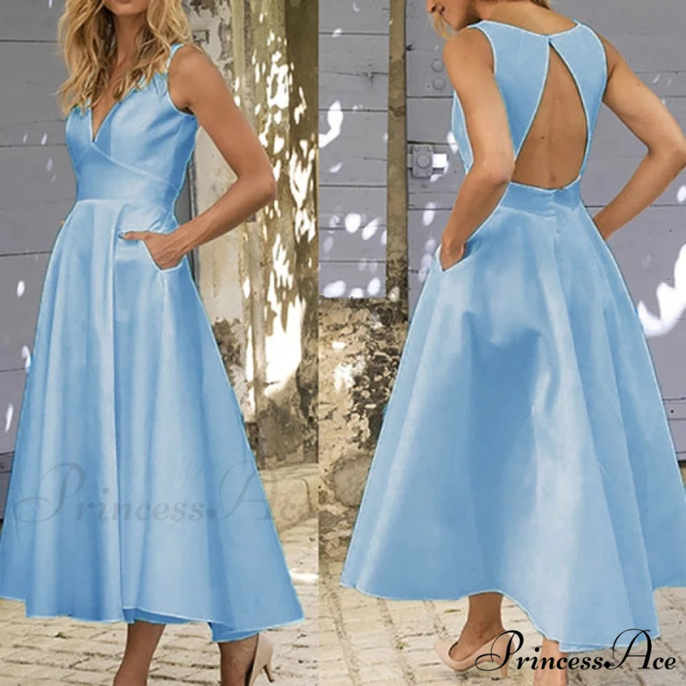 V-neck Sexy Backless Dress Blue 2 / S