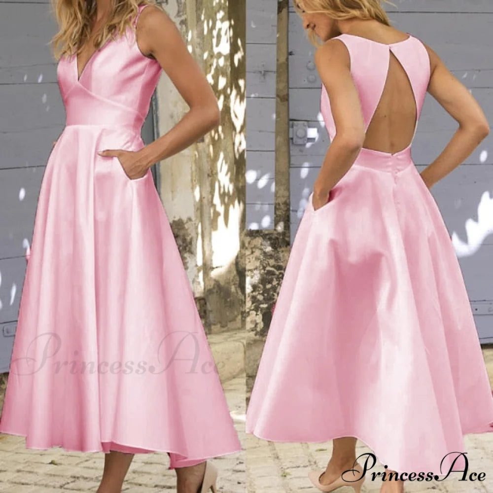 V-neck Sexy Backless Dress Pink 2 / S