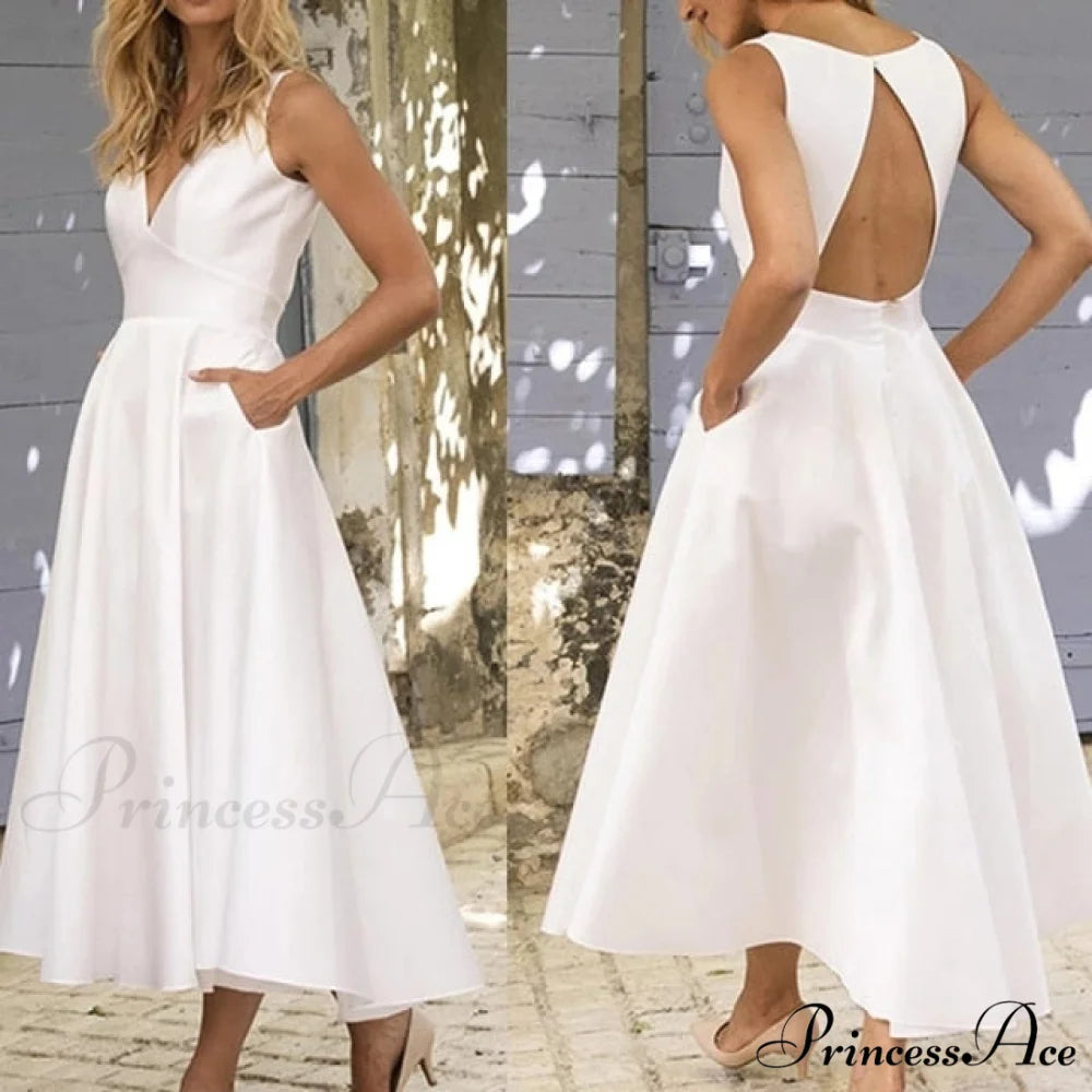 V-neck Sexy Backless Dress White 2 / S