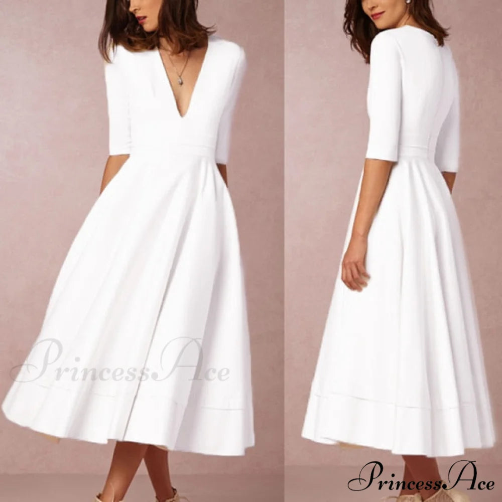 V-neck Sexy Backless Dress White 3 / S