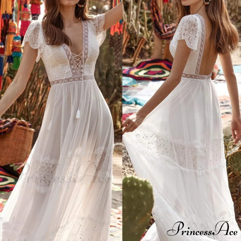 V-neck Sexy Backless Dress White 4 / S