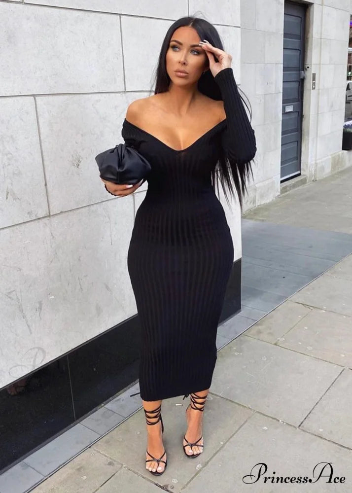 V Neck Sexy Slim Elastic Basic Long Bodycon Dress